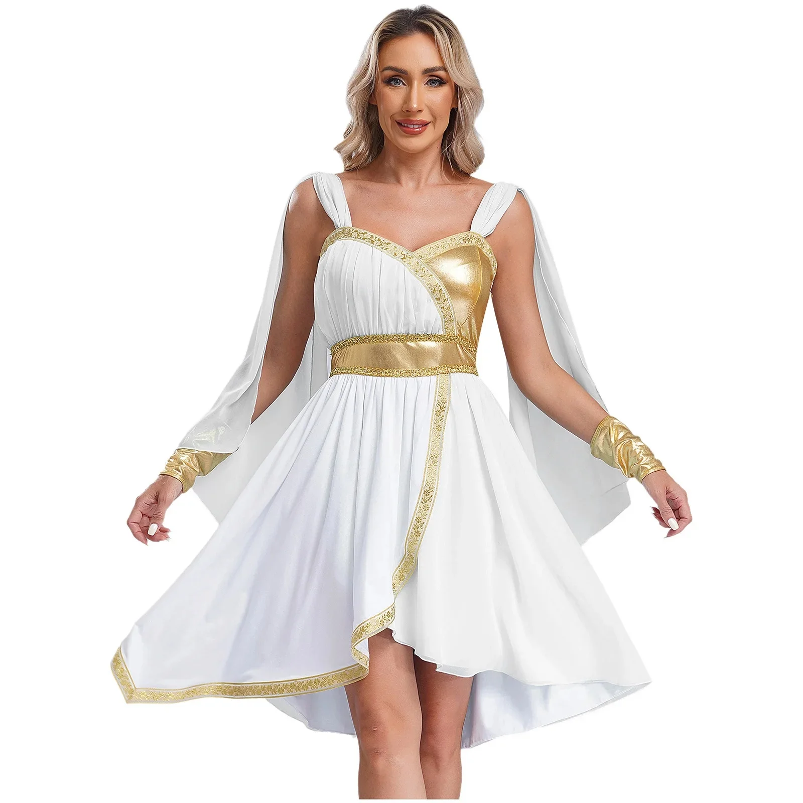 Vrouwen Oude Griekse Koningin Athena Godinnen Cosplay Kostuum Chiffon Mouwloze Jurk Met Manchetten Halloween Thema Roman Toga
