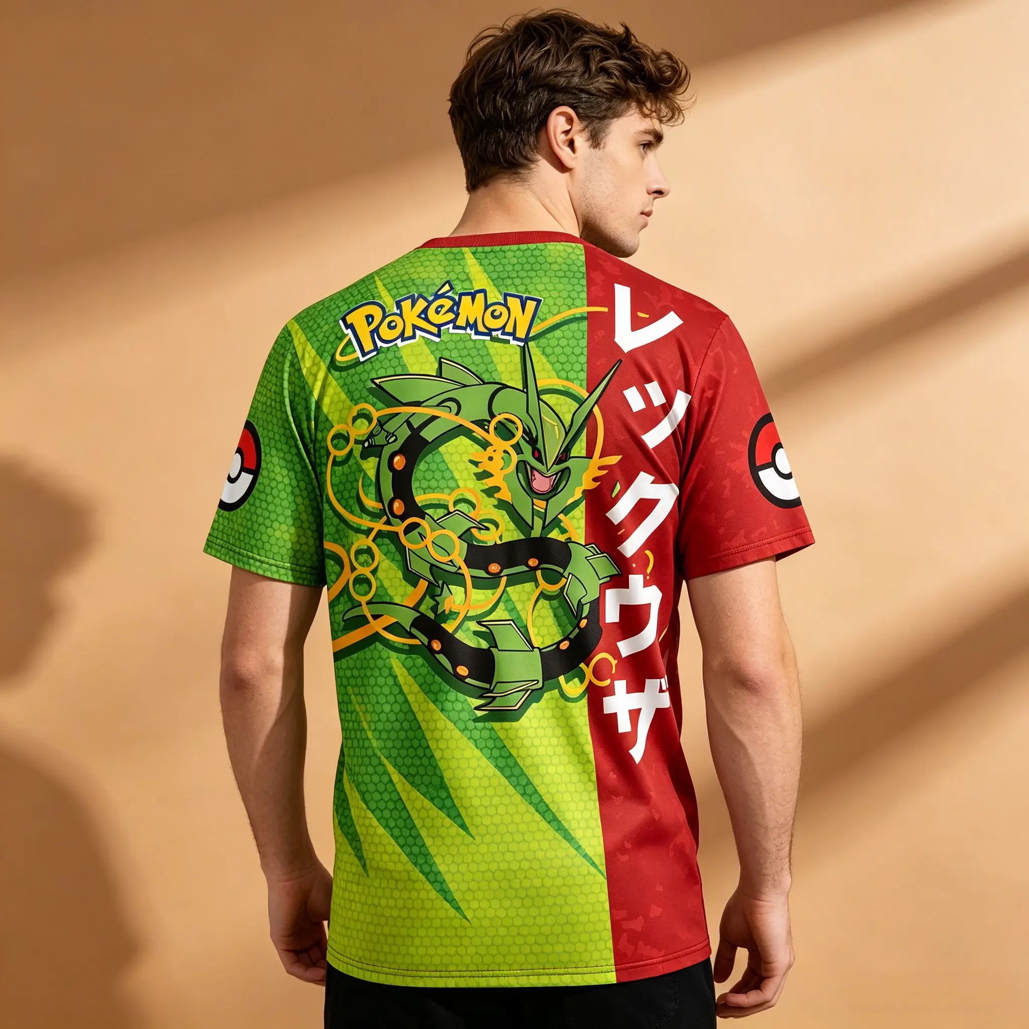Men's Two Tone Split Full Sublimated Anime Graphic T-Shirt, Pokemon Rayquaza Print Pokeball On Sleeves Vertical Japanese Kanji S