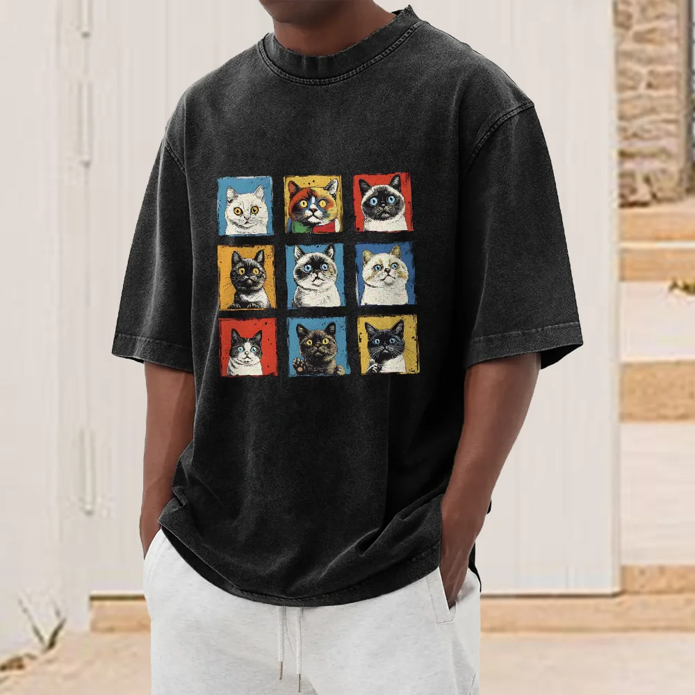 

Cats Group Portrait Blocks 2025 Hot Women Graphic Tshirt Vintage Casual Streetwear Y2k Style Cotton Tee Fashion Loose Fit Top