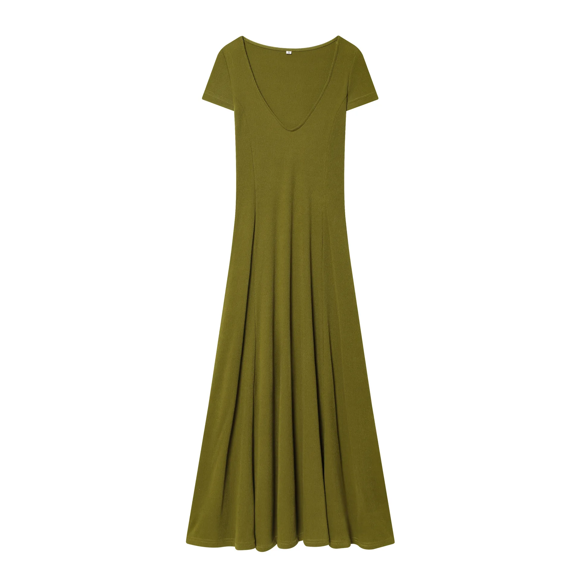 Fashion Deep V Neck Short Sleeve Dress Women Casual Elastic High Waist Flared Swing Maxi Dresses Summer Beach Vacation