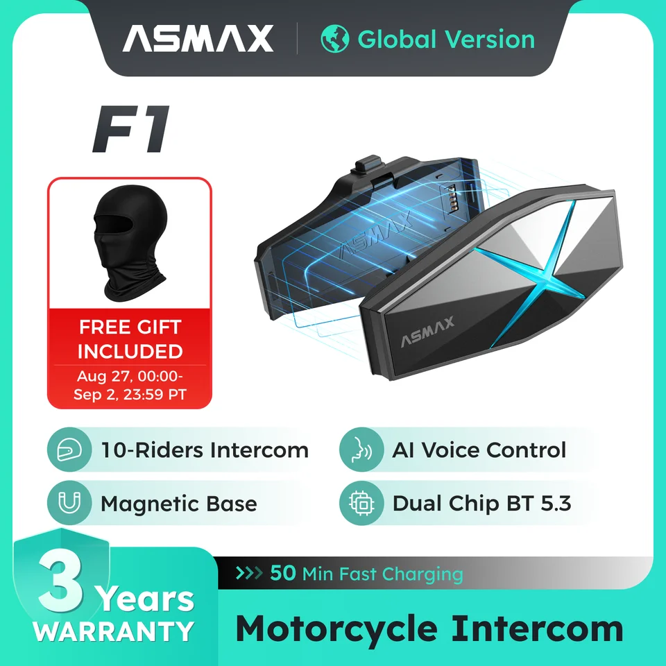 ASMAX F1 ブルートゥースバイクヘッドセット IP67防水 Hi-Fi音質