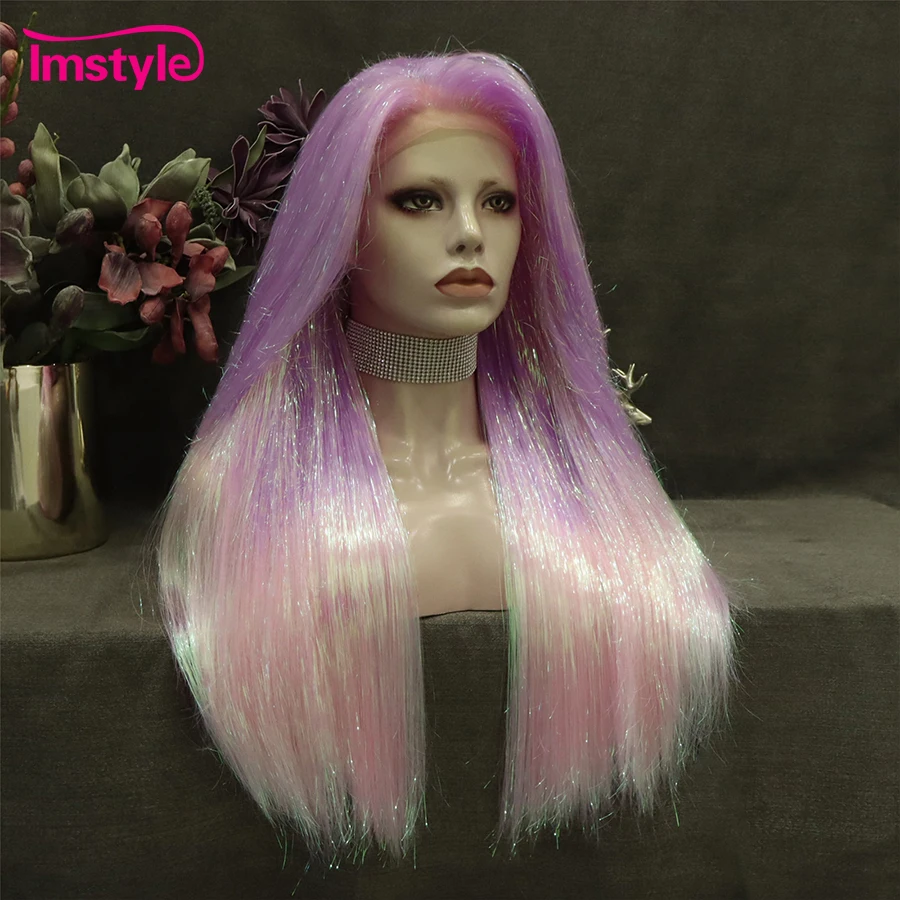 Imstyle Tinsel Lace Wig Pink Synthetic Lace Front Wig Long Straight Wig For Women Party Cosplay Wigs