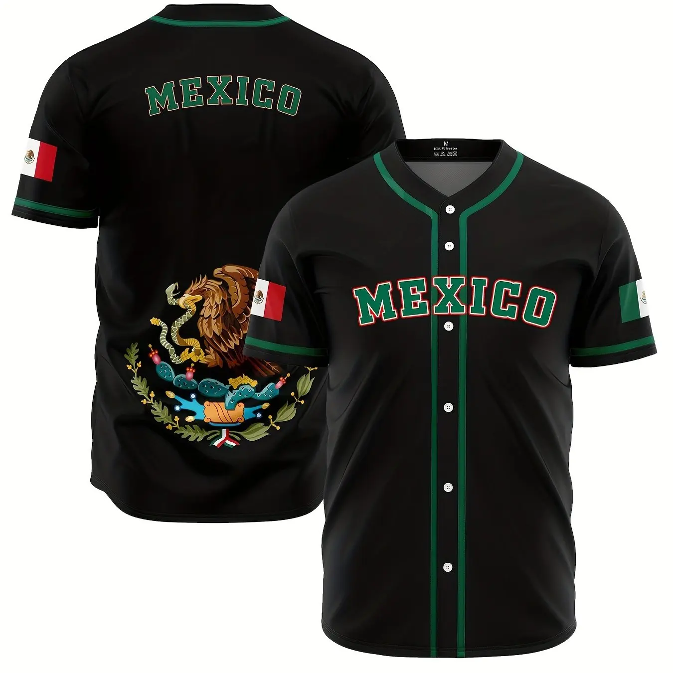 Men\'s Stylish Mexico Eagle Pattern Baseball Jersey Casual Breathable Baseball Collar Button Short Sleeve Tee Top For Baseball