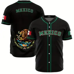 Men's Stylish Mexico Eagle Pattern Baseball Jersey Casual Breathable Baseball Collar Button Short Sleeve Tee Top For Baseball