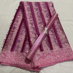 Luxury Pink Lace Fabric with Sequins 5 Yards Embroidery Guipure French Lace Material with 3D Sego Headtie Wrap 2PCS for 2025