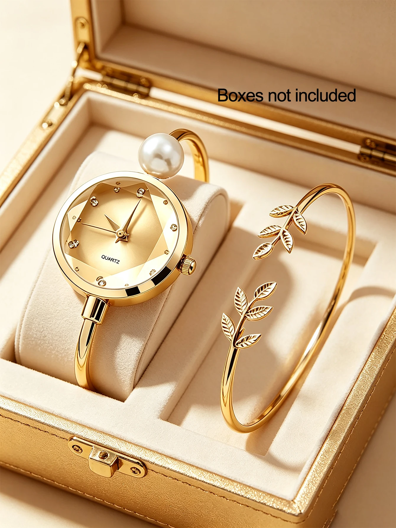 2-Piece Set, Elegant and Compact Bracelet Watch for Women Paired with a Leaf Bracelet, Exquisite and Versatile, a Perfect Accessory for Banquets, Parties, Vacations, and Dates, Romantic and Fashionable.