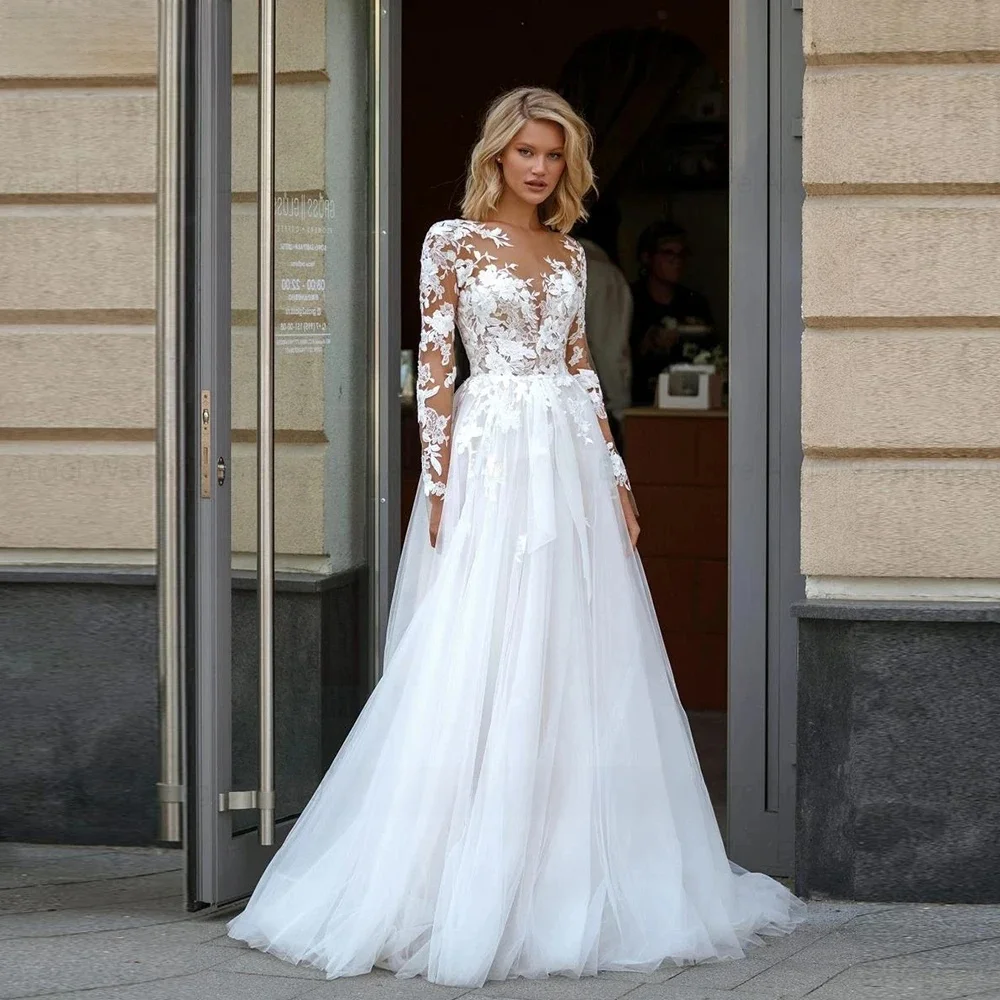 ANGEL Elegantes A-Linie-Spitzen-Hochzeitskleid 2025, maßgeschneidert, U-Ausschnitt, Applikation, Brautkleider, Knopfleiste, Übergröße, Vestidos de Novia