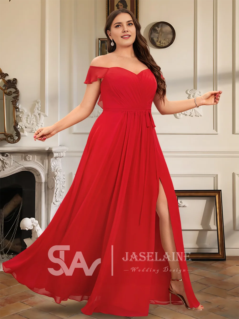 WMP Bridesmaid Dress A-Line Off the Shoulder Floor-Length Chiffon Ruffle Leg Slit Wedding Guest Evening Party Cocktail Dress