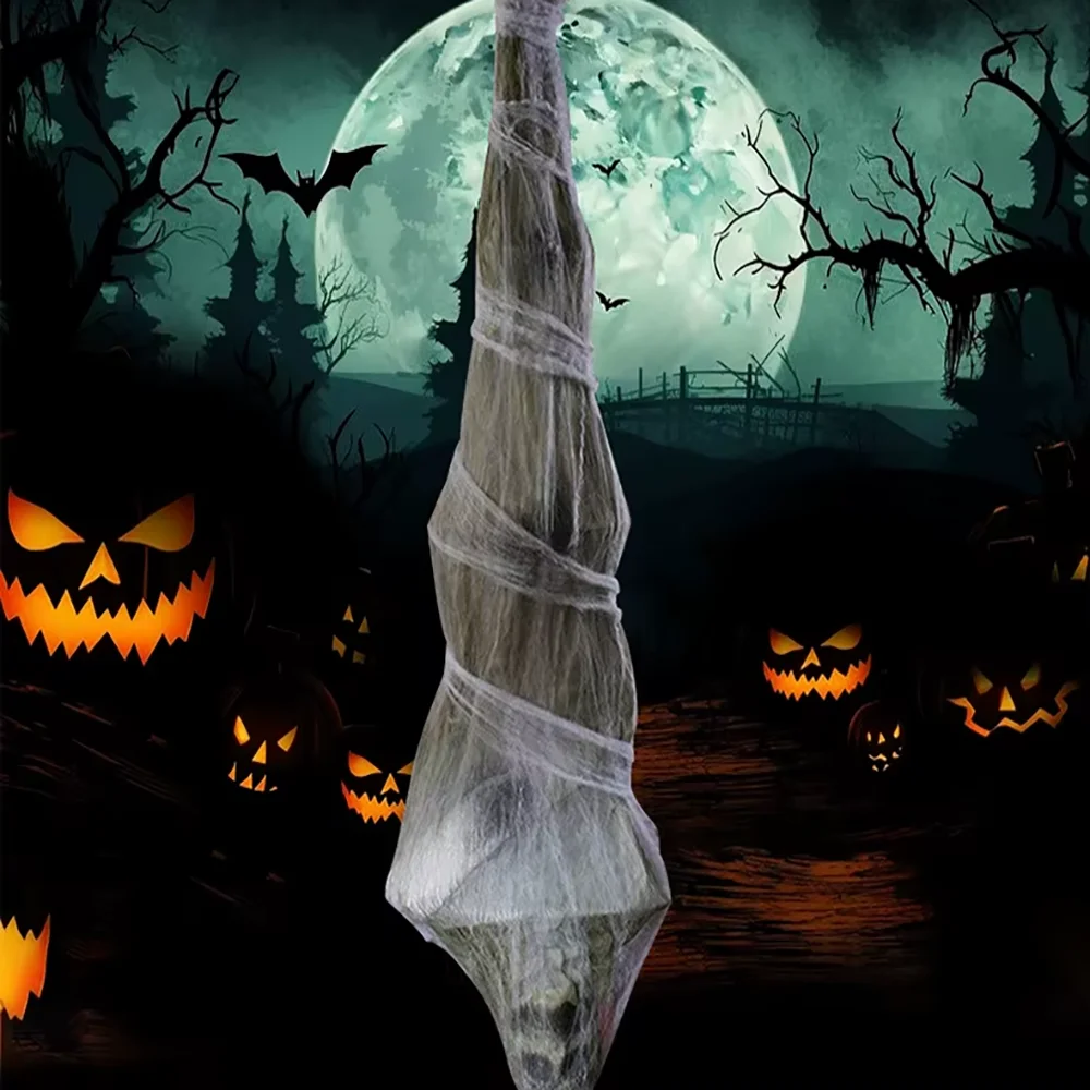 Scary Halloween Hanging Upside‑Down Zombie Mummy Decor, Electric Animated Prop with Red Light‑Up Eyes, Spooky Ornament for Garden Yard Haunted House Party Supplies