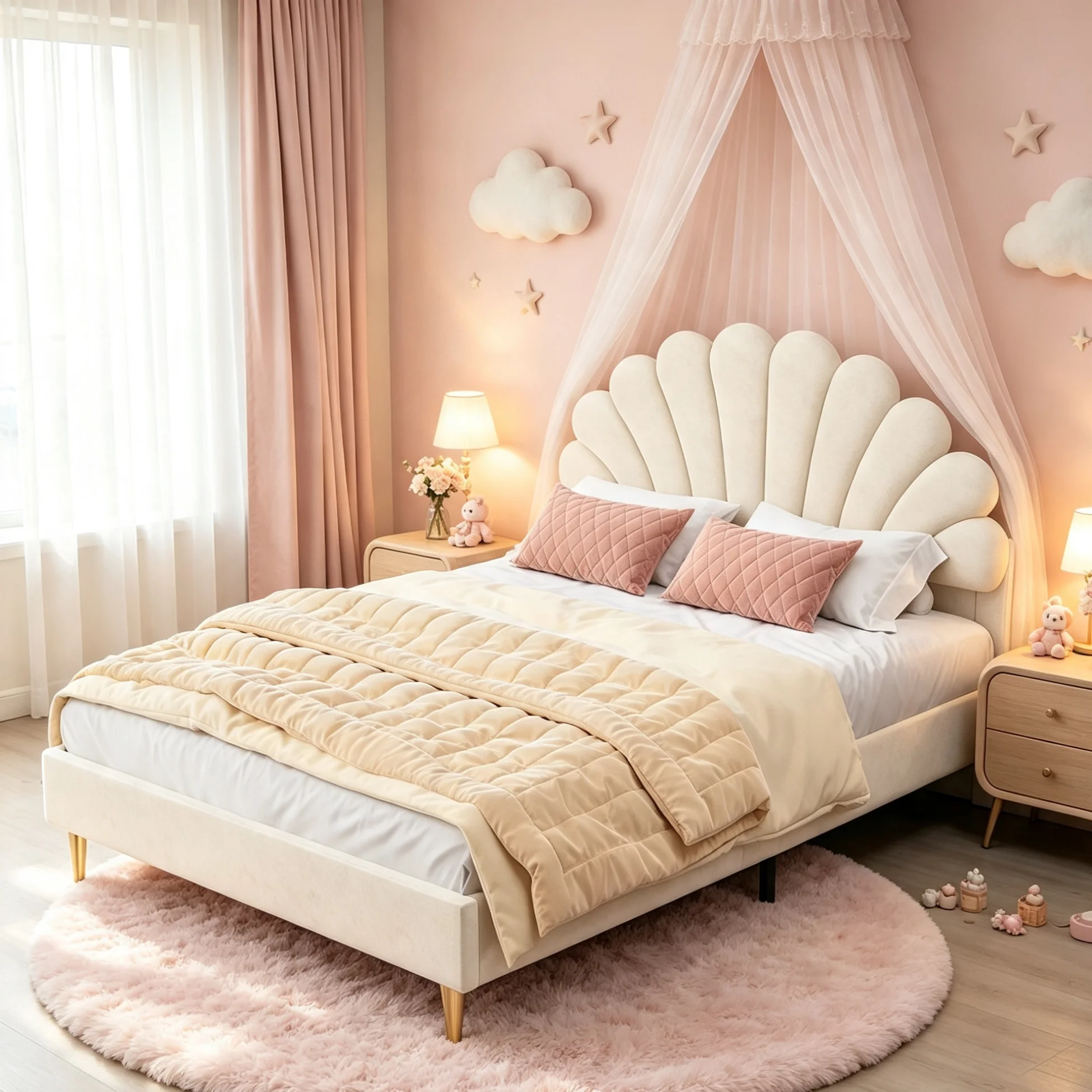 Lit rembourré Anajqaqia 140x200 cm, lit double avec tête de lit en forme de fleur, réglable en hauteur, sommier à lattes, pieds dorés, pour chambre à coucher et chambre d'adolescent, sans matelas, velours, beige