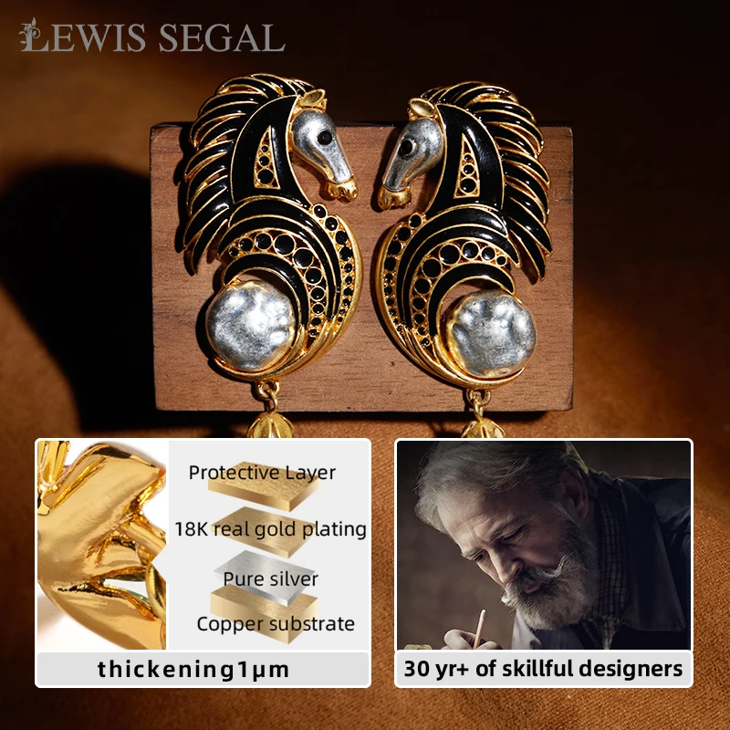 Lewis Segal Luxe Paardenkop Grote Parel Bungelende Oorbellen Dier Vintage Statement Fijne Sieraden 18K Verguld