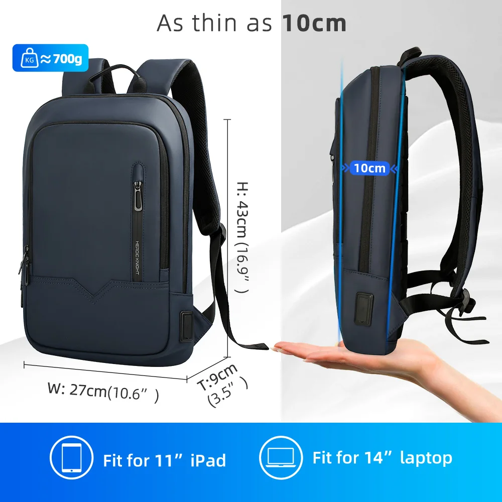 HcanKcan Men Fashion Backpack Slim 14 Inch Laptop Bag Business Multifunctional Waterproof School Unisex Casual Travel Black Bag