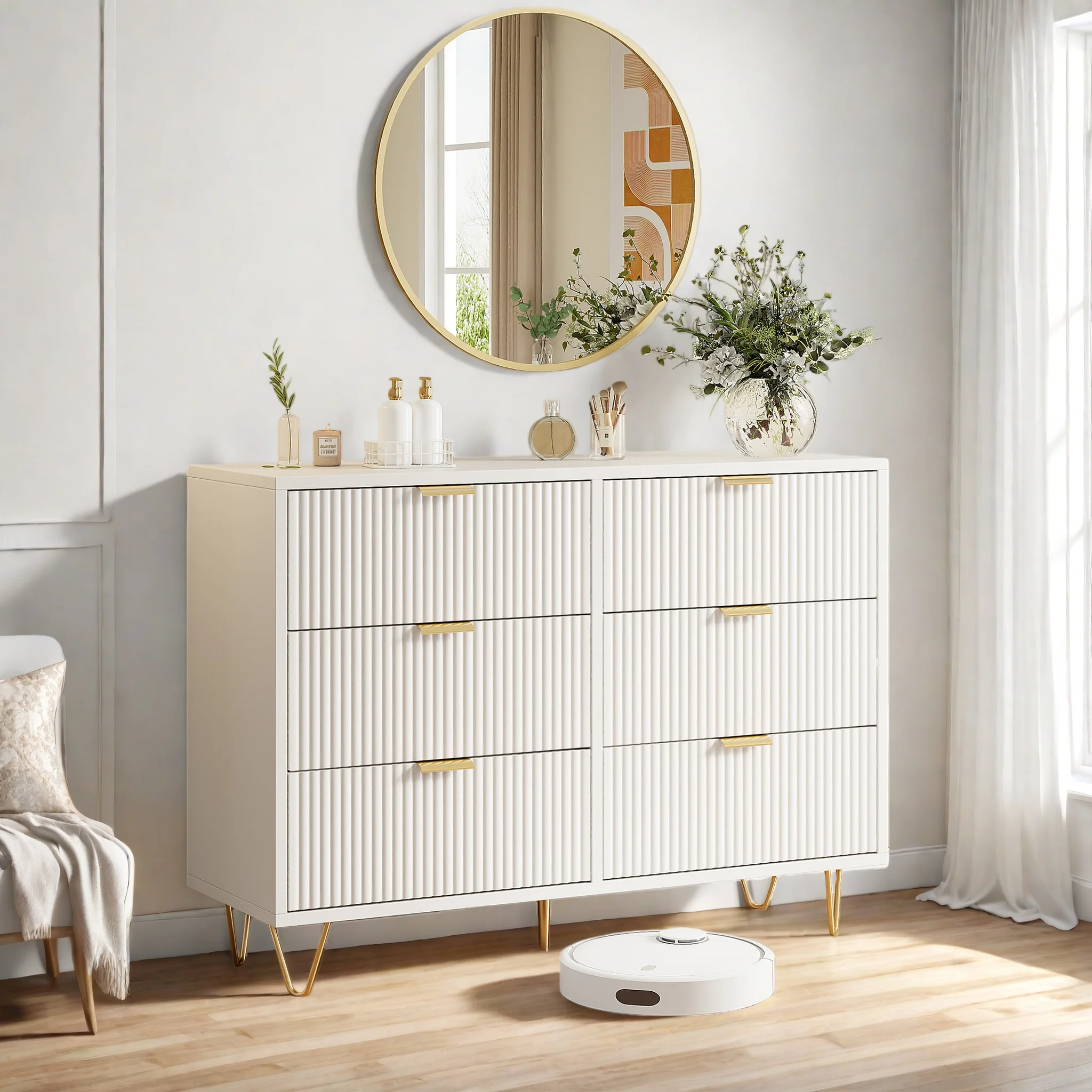 Commode Chambre Blanche, Meuble de Rangement Moderne avec poignées et Pieds dorés pour Salon, Chambre, Bureau