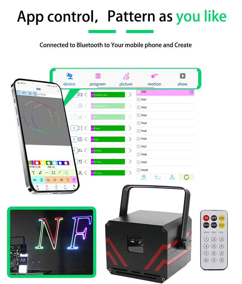 MY Laser Mini Portable Laser Show App Пульт дистанционного управления 2 Вт DMX полноцветные лазерные лампы