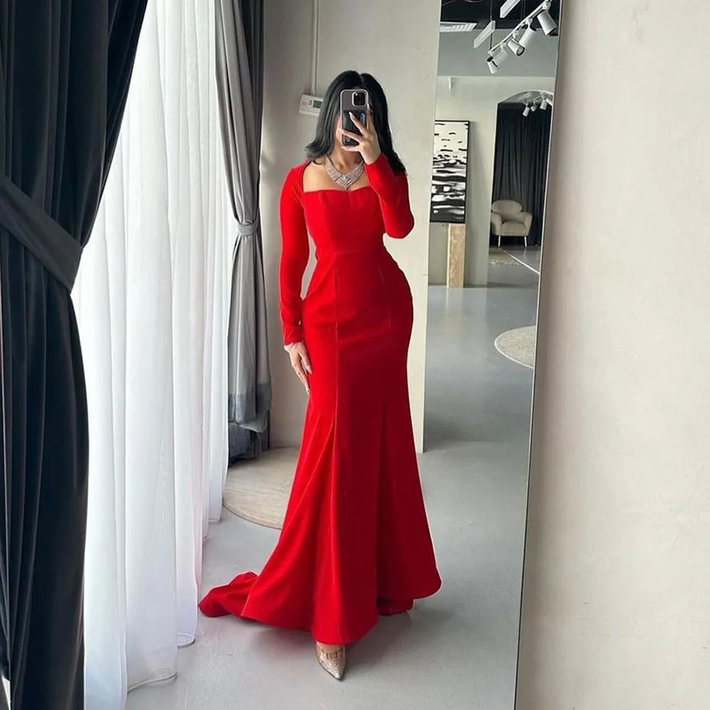 Msikoods Elegant Red Mermaid Prom Dress Elastic Satin Customized Long Sleeves Floor Length Formal Evening Dress vestido de gala