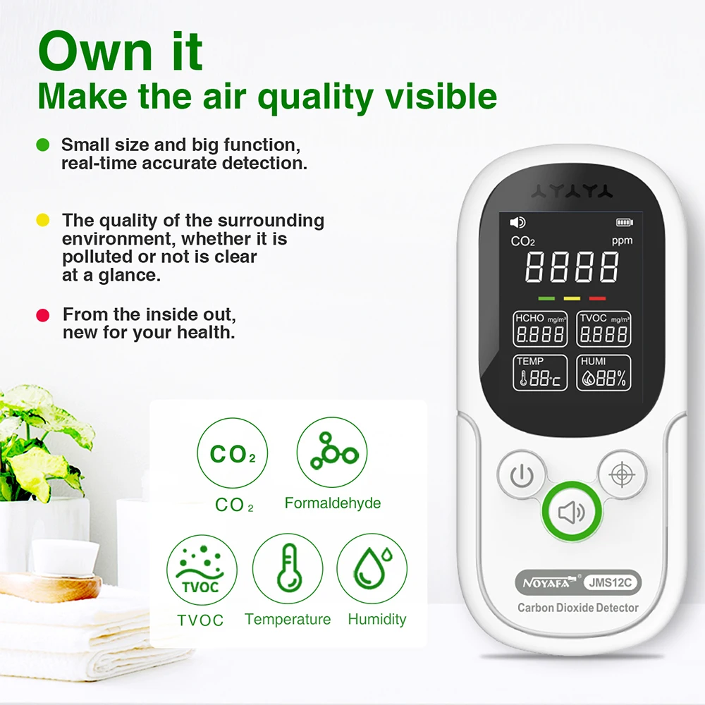 NOYAFA-Detector de Qualidade do Ar Multifuncional Portátil, 5 em 1, HCHO, Co2, Monitor TVOC, Display LCD, Testador de Temperatura Doméstica, JMS 12C