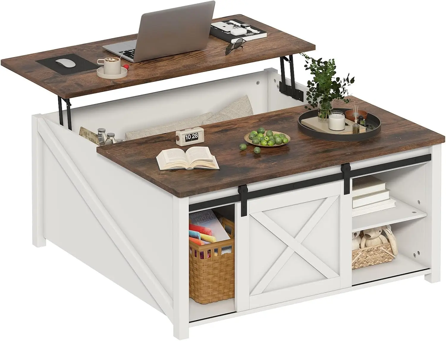 Lift Top Coffee Table with Storage, 31.5" Farmhouse Coffee Table for Living Room, Square Coffee Tables with Large Hidden Storage and Sliding Barn Doors, White