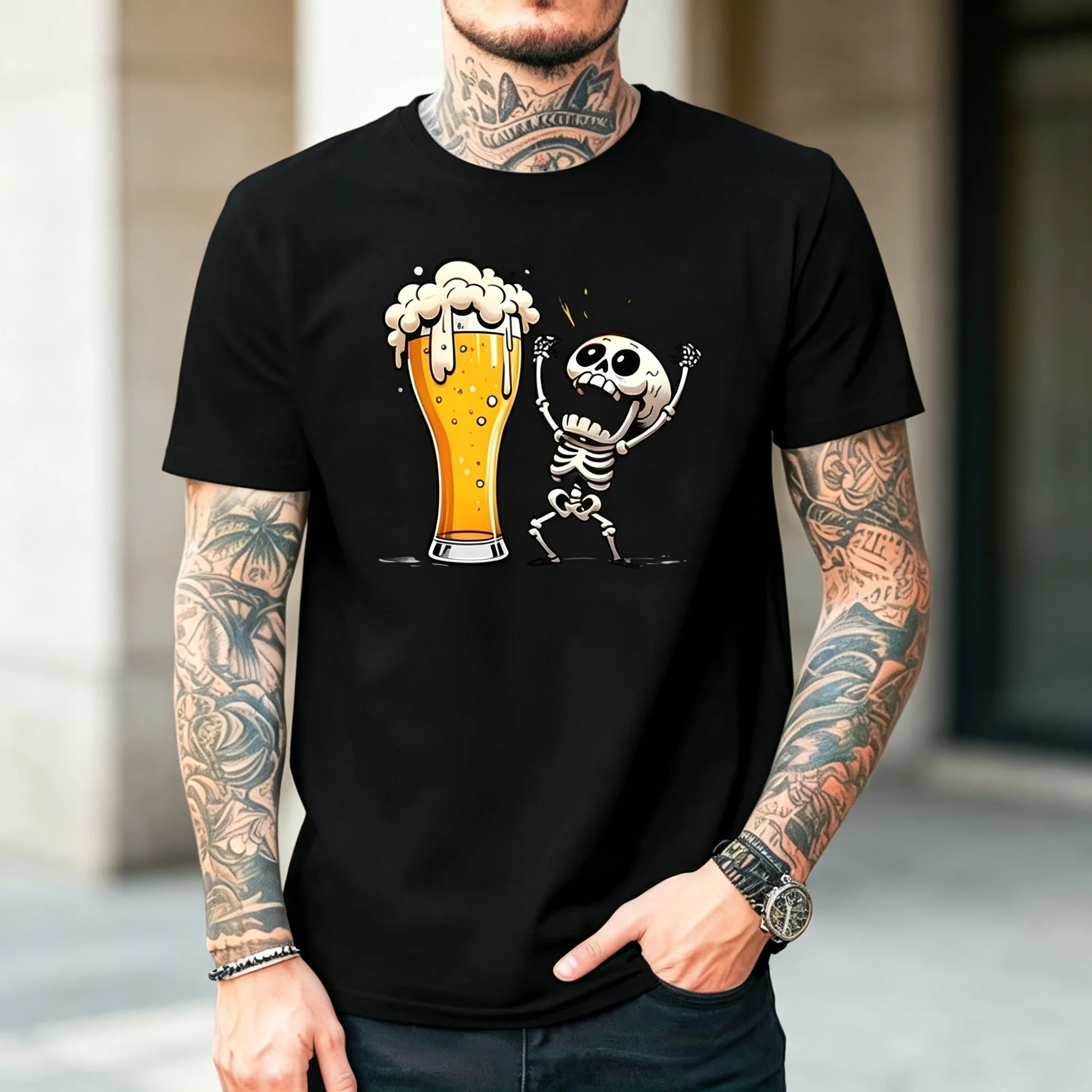 Funny Excited Skeleton Cheering At Big Beer Glass Graphic T‑Shirt, Halloween Drinking Party Print, Casual Short‑Sleeve Unisex Tee For Beer Enthusiasts