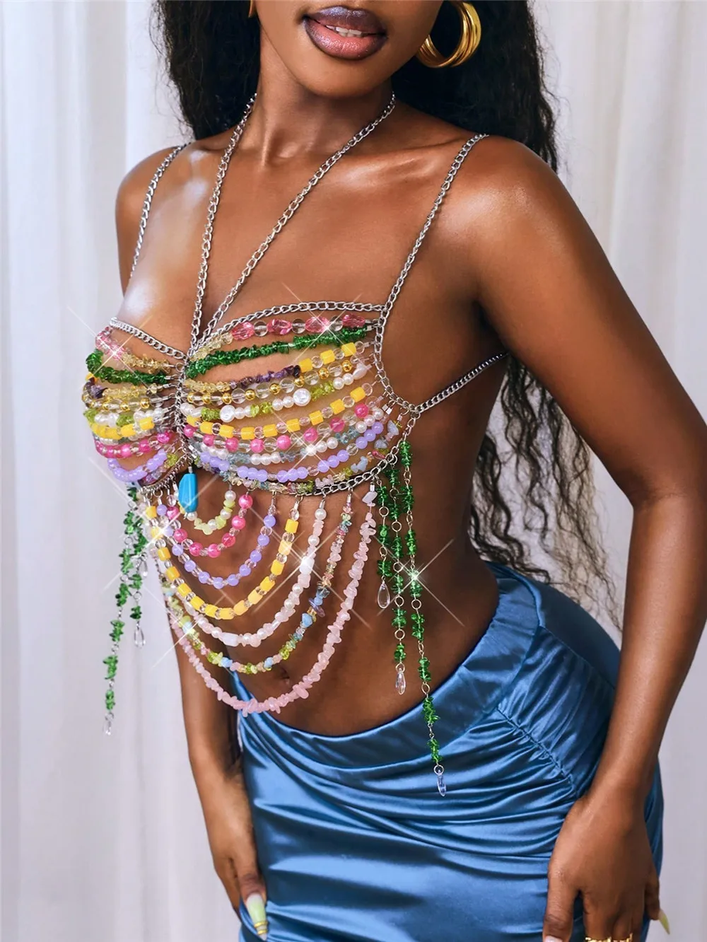 Handmade Multi-Color Crystal Cover Up Beaded Bralette Halter Chest Chain Hollow Out Bikini Top Bra for Rave Party Body Jewelry