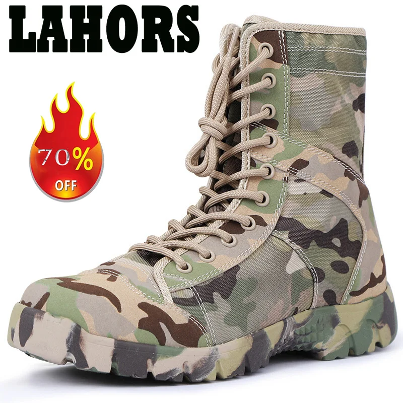 LAHORS Men Tactical Boots Lace Up Waterproof Outdoor Botas Breathable Canvas Camouflage Tactical Combat Desert Ankle Shoes