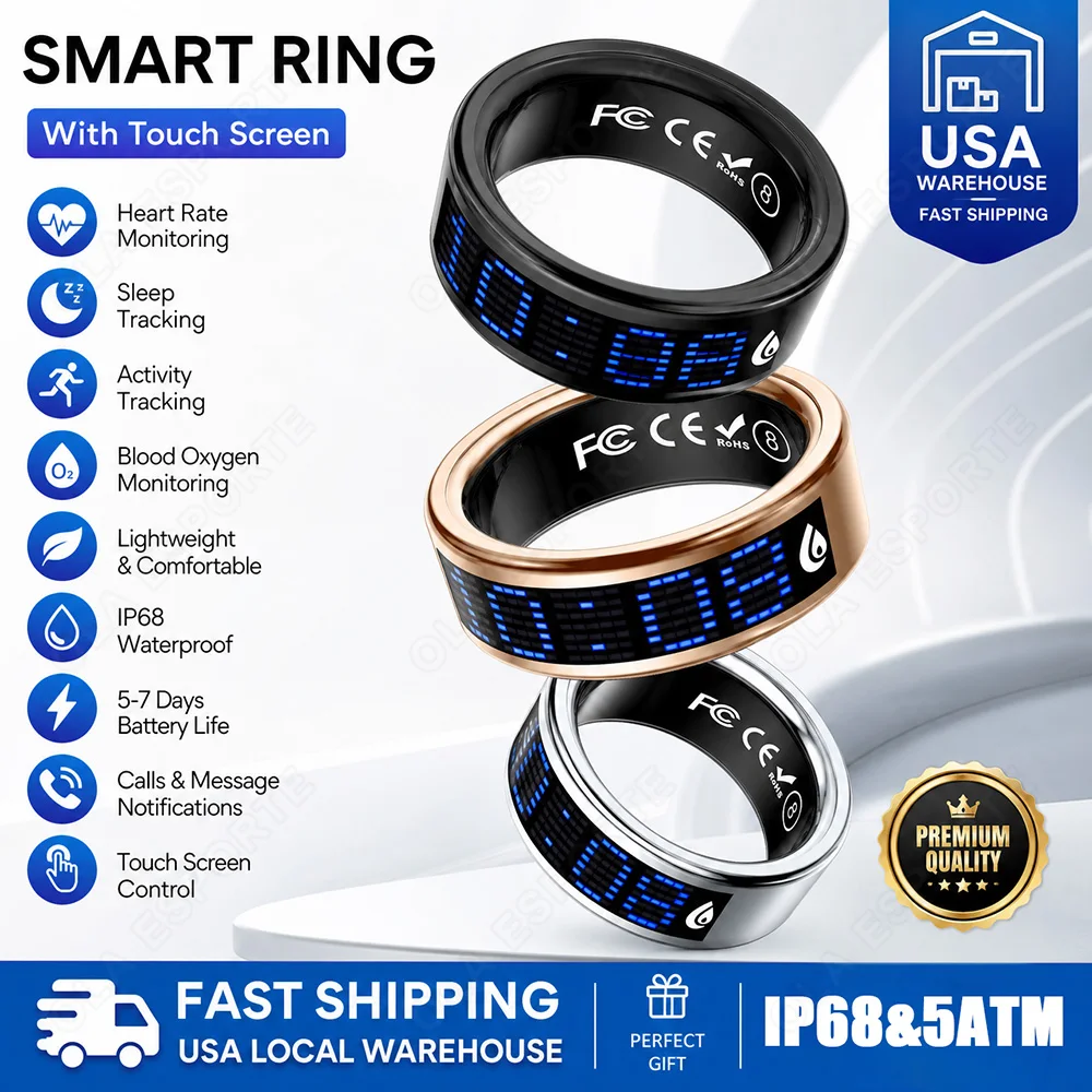 New Fashionable Smart Ring with HD-Definition LED Screen for Heart Rate, Blood Pressure, Blood Oxygen, and Sleep Monitoring Health Monitoring Smart Ring Fitness Step Tracking Ring Ships from US