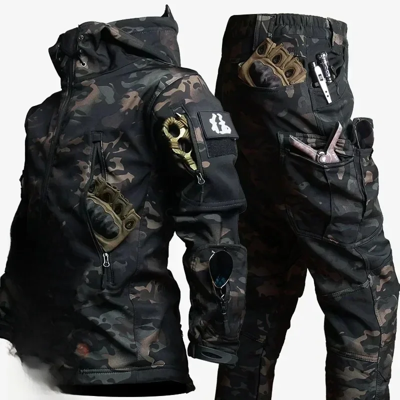 Taktyczny wodoodporny męski zestaw Camo Soft Shell Fleece Zimowy kombinezon bojowy Wiatrówka Ciepły mundur treningowy z wieloma kieszeniami na zewnątrz — 2