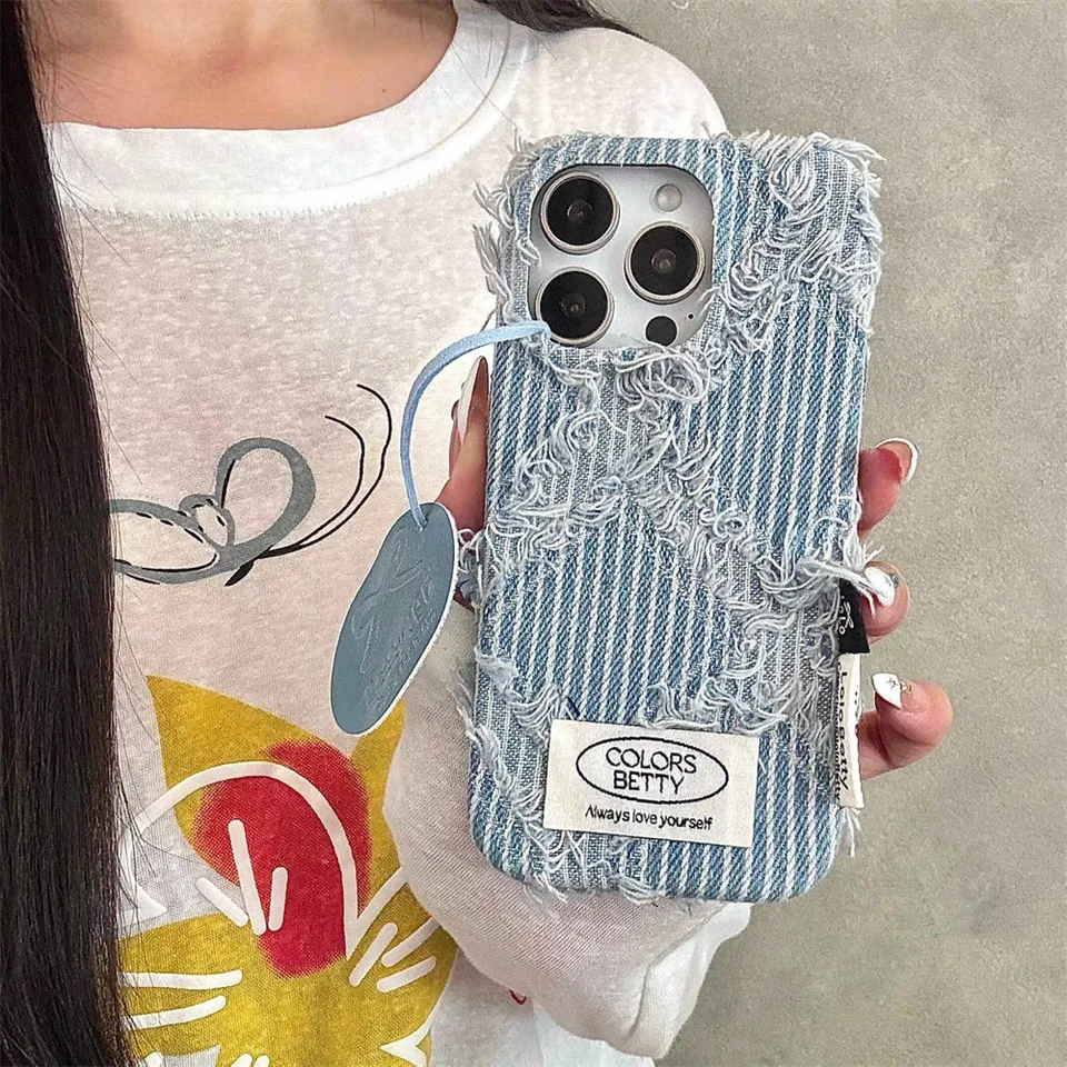 Korean INS Fashion Denim Warm Fluffy Plush Phone Case for iPhone 17 16 15 13 14 Pro Max Cover with Chain Cute Protective Cover, image 6