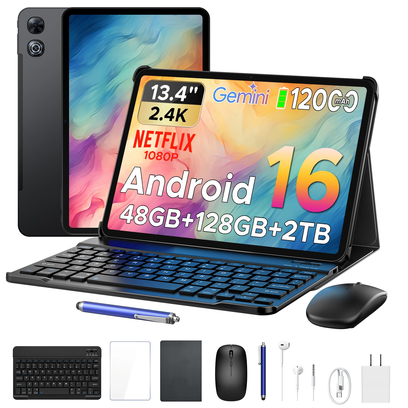 Aorlym P13 Tablet 13 inch Android 16 2 in 1 PC 13.4" 2.4K Gemini AI 12000mAh Battery 48GB RAM (8+40) 128GB ROM Widevine L1 Pad