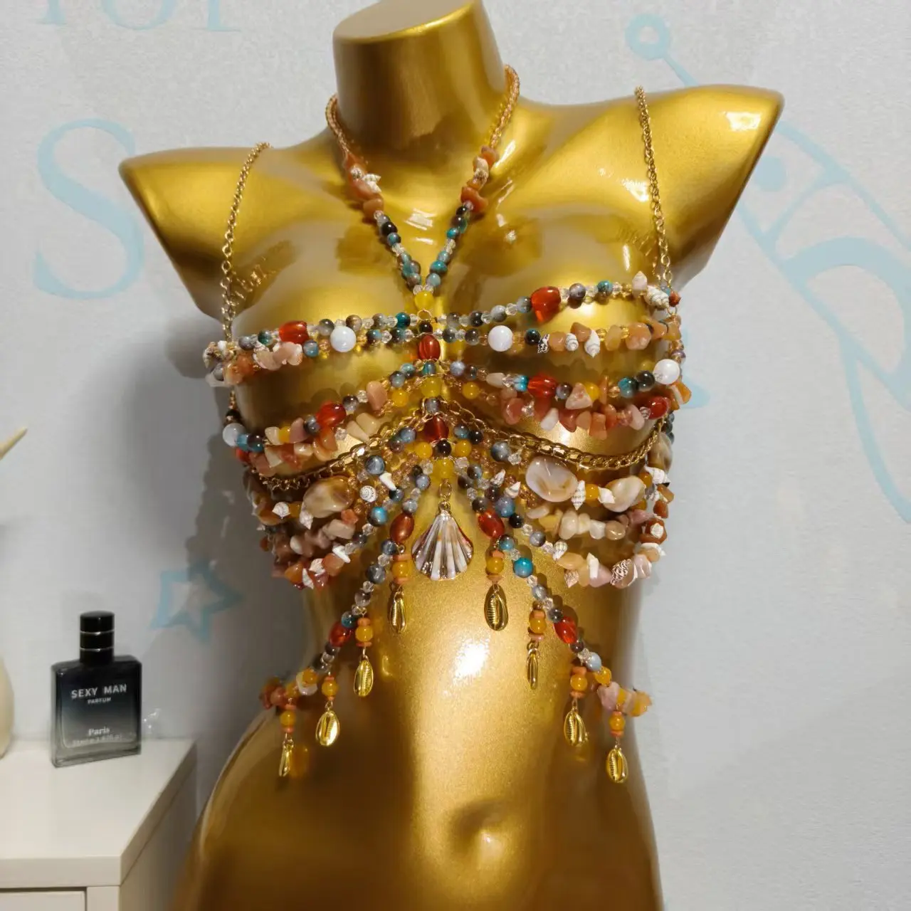 

Handmade Multi-colored Beaded Statement Bra Body Chain Harness Women Halter Top Gemstone Festival Bralette
