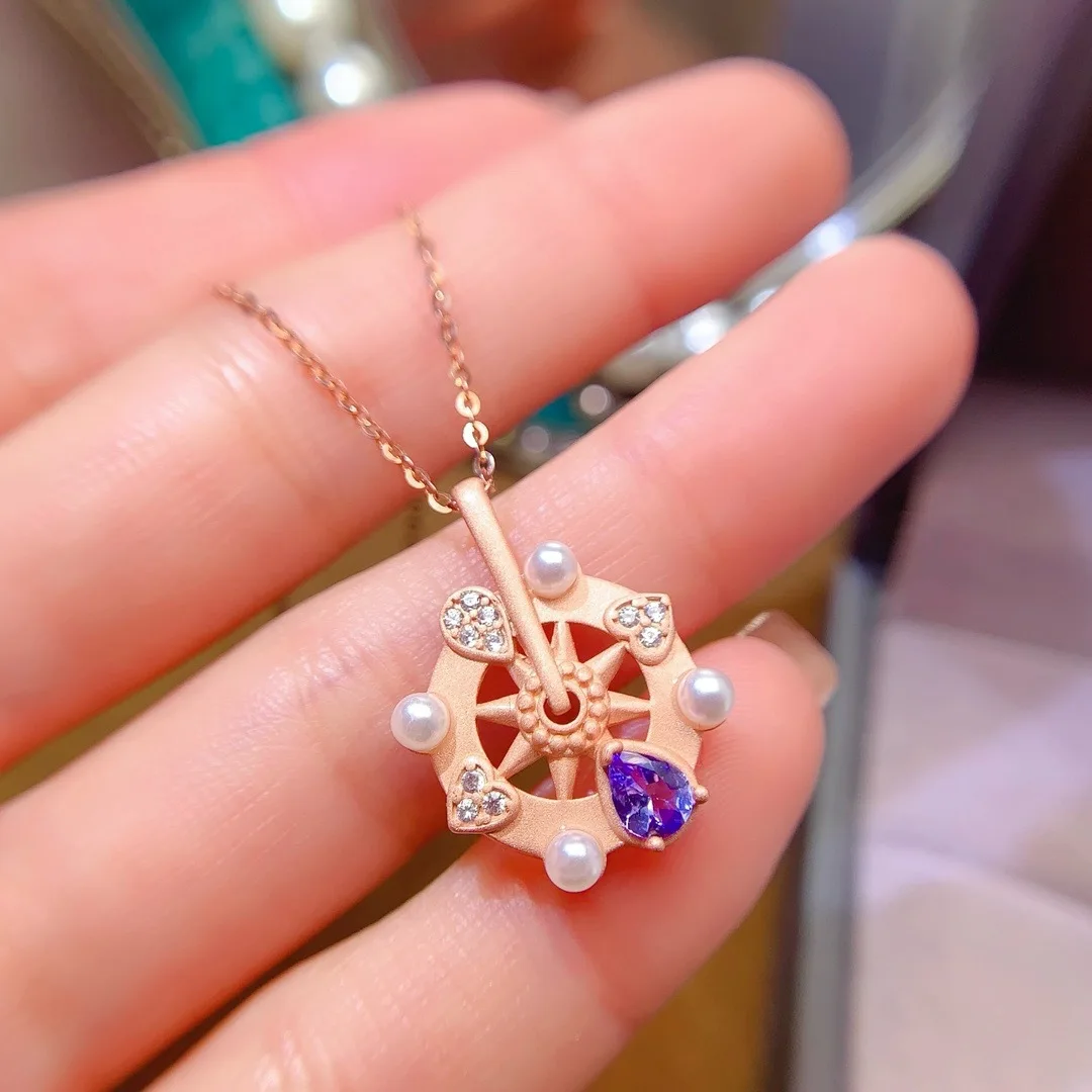 

Girl Pure Natural 5x4mm Tanzanite Rudder Necklace Pendant 925 Pure Silver Plated Rose Gold Christmas Gift for Girlfriend Wedding