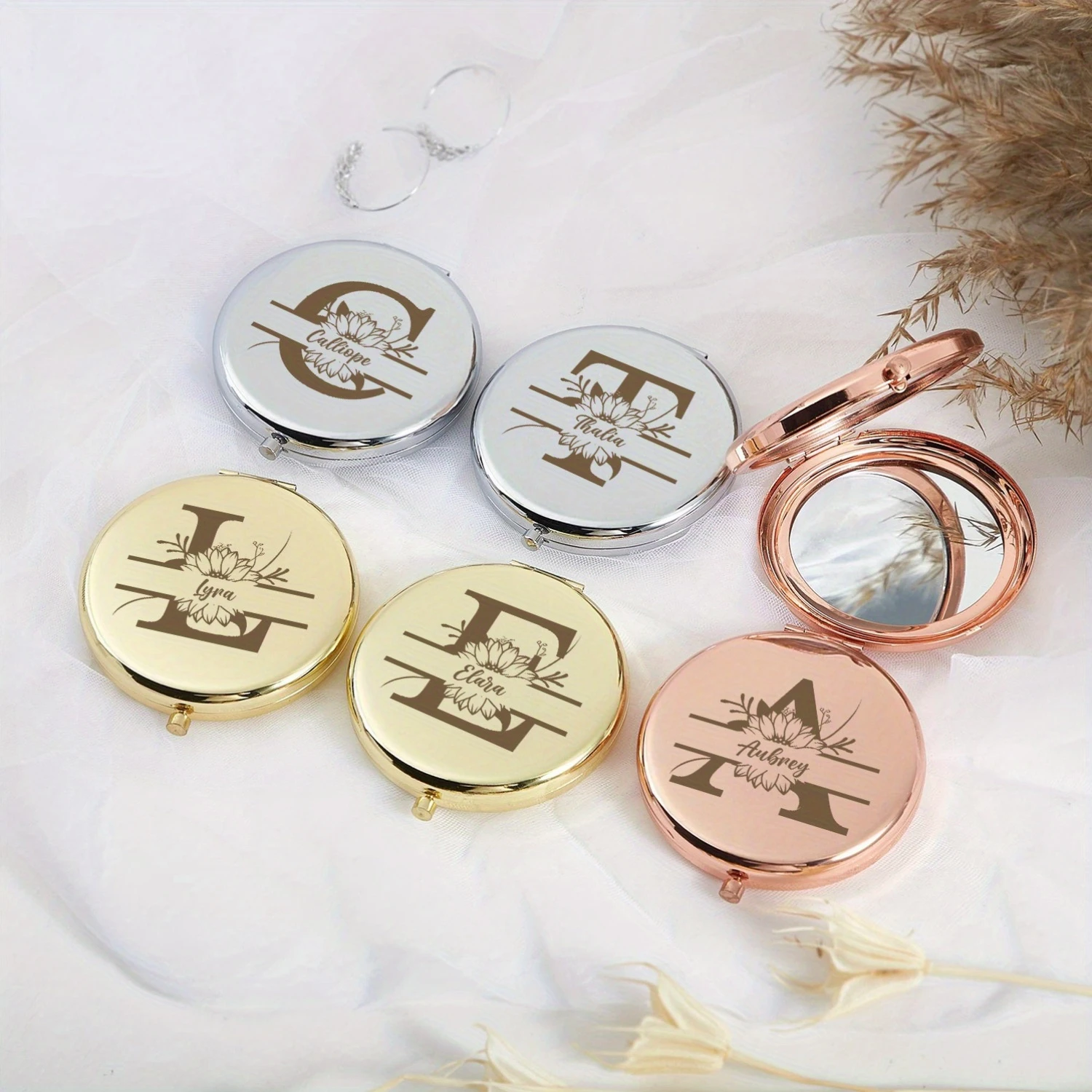 Custom Initial Floral Makeup Mirror, Portable Compact Mirror, Ideal Gift for Teachers, Mother’s Day, Bridal & Baptism Events