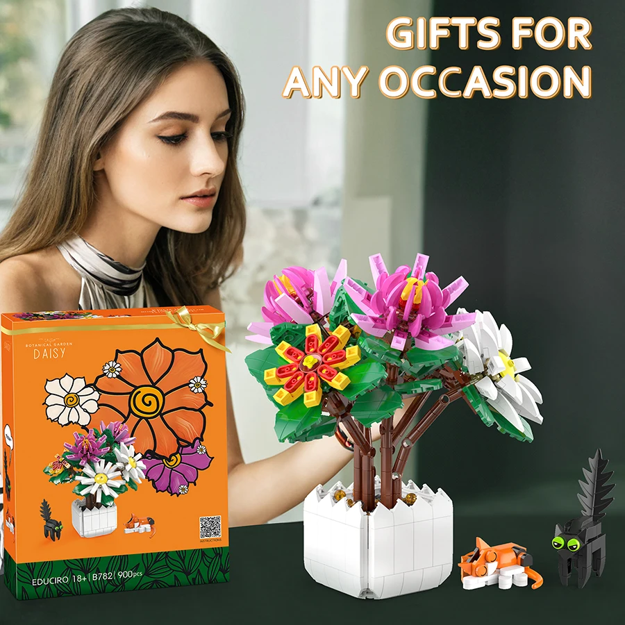 EDUCIRO Under Daisy Flowers Bonsai Building Blocks Kit with Cat Building Set, Chrysanthemum Flower Bouquets, Flowers Home Decor