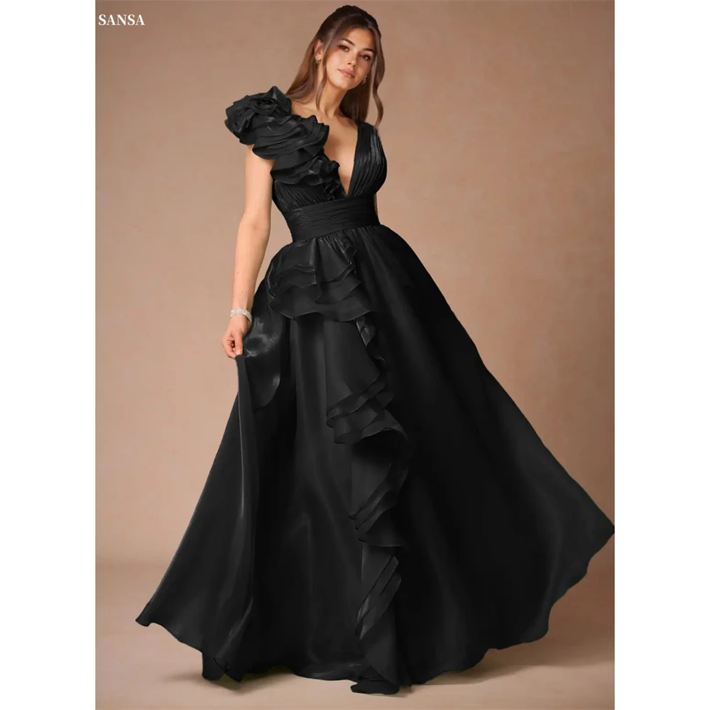 

Sansa Customized V-Neck A-Line 3D Flower Prom Dresses Multilayer Pleats Backless Vestidos De Noche Floor-Length Formal Evening