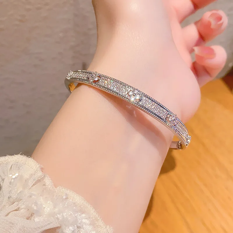 Women's Cubic Zircon Bangle Bracelets Full Micro Zircon Paved Shiny CZ Stone Flower Crystal Bangle Bracelets view 4
