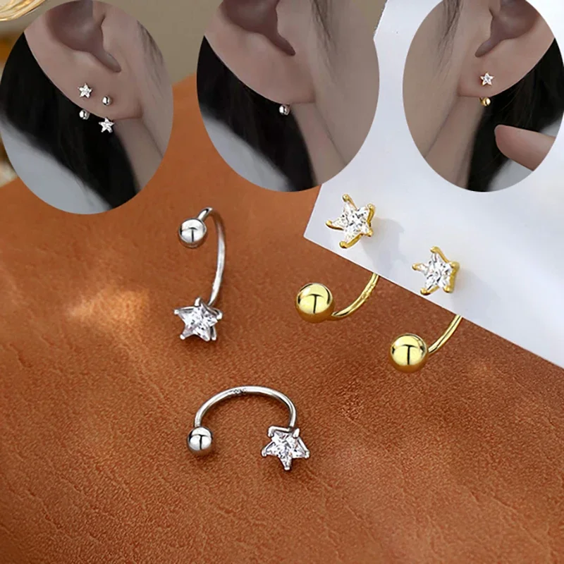 2PC Kolczyki do uszu ze stali nierdzewnej w kolorze złotym Minimal Crystal Star Kolczyki do uszu dla kobiet Koreańska biżuteria do przekłuwania chrząstki Tragus — zdjęcie 2