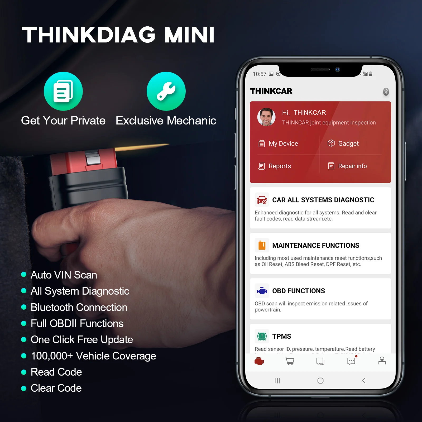 THINKCAR THINKDIAG-Mini outil de diagnostic de voiture, lecteur de code gratuit à vie, système complet, EAU Bluetooth, OBD2, toutes les voitures