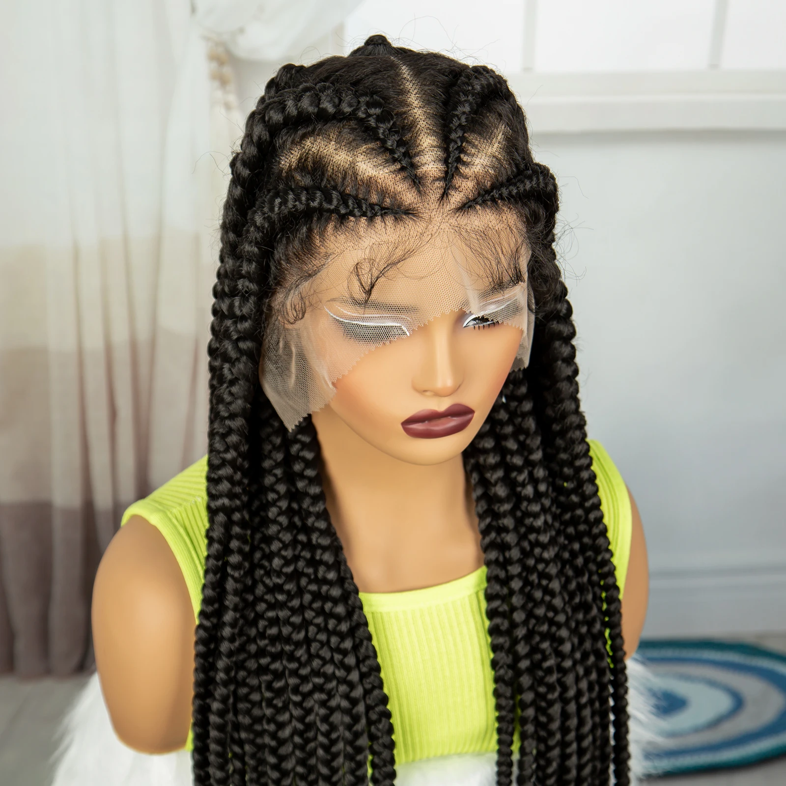 Peluca trenzada de encaje sintético de 38 pulgadas, trenzas Cornrow, peluca con malla frontal para mujeres negras, peluca de encaje trenzado en caja sin nudos con pelo de bebé