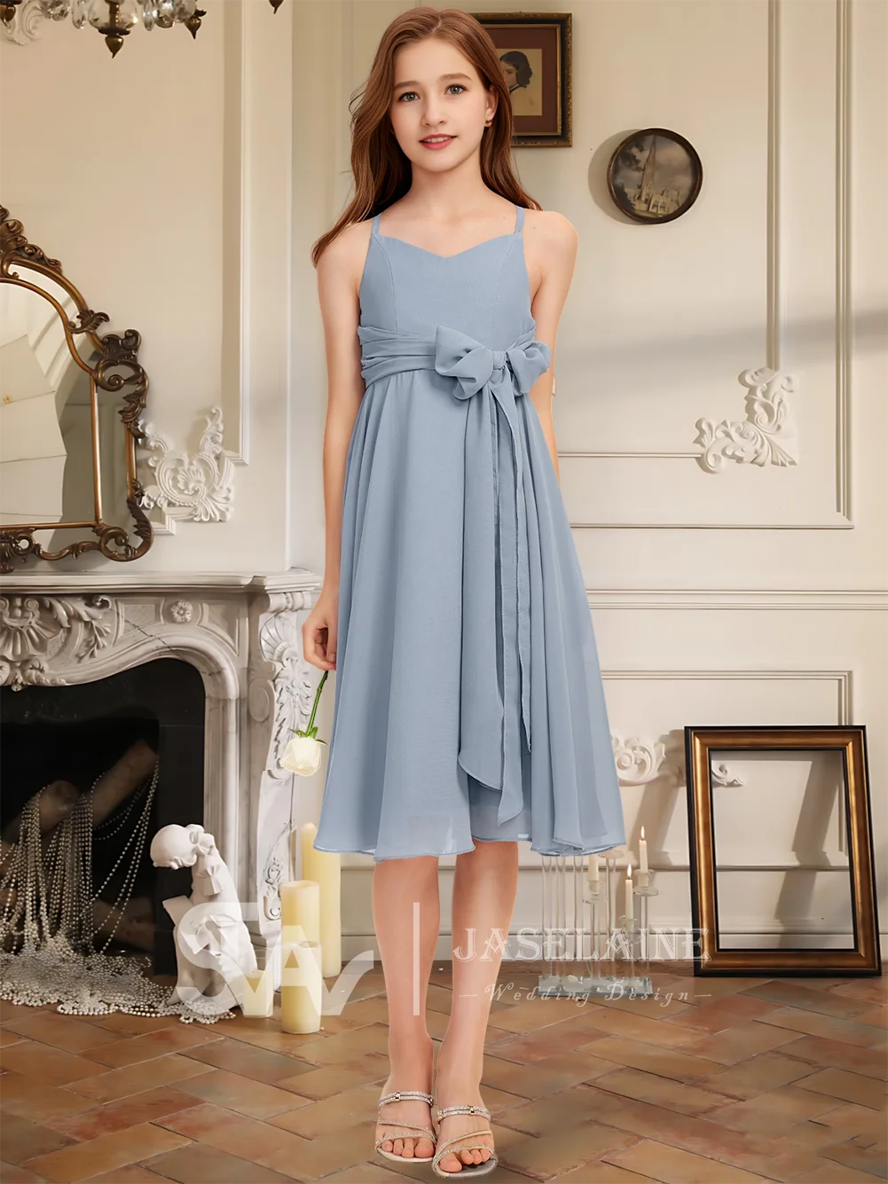 Линия с V-образным вырезом длиной до колена, шифоновое платье для подружек невесты без рукавов с поясом, платье с цветочным узором для девочек, торжественное свадебное платье