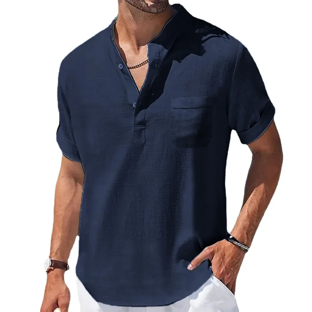 Letnie nowe męskie koszule bawełniane i lniane T-shirt z krótkim rękawem Henry Collar Casual męskie t-shirty koszula męska odzież męska — zdjęcie 2