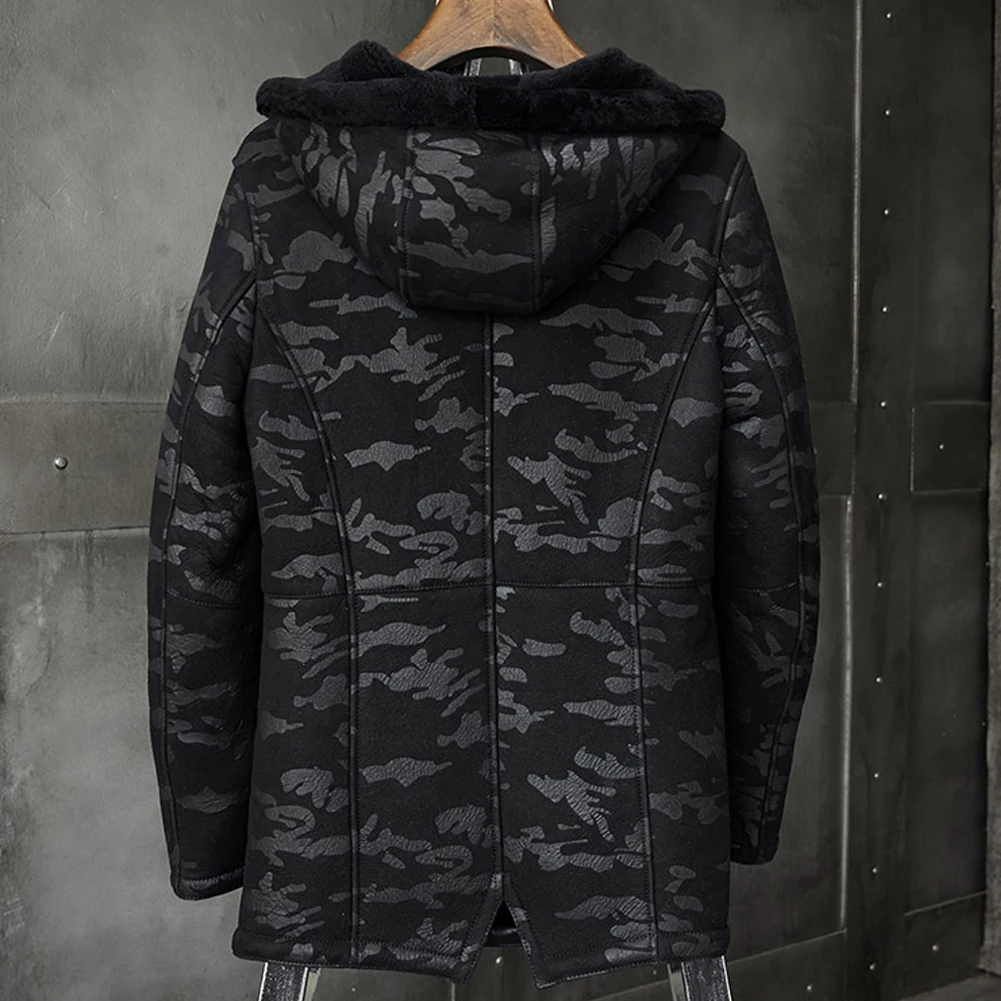 Denny&Dora Hooded Shearling Coat Mens B7 Bomber Jacket Long Fur Coat Black Camouflage Overcoat