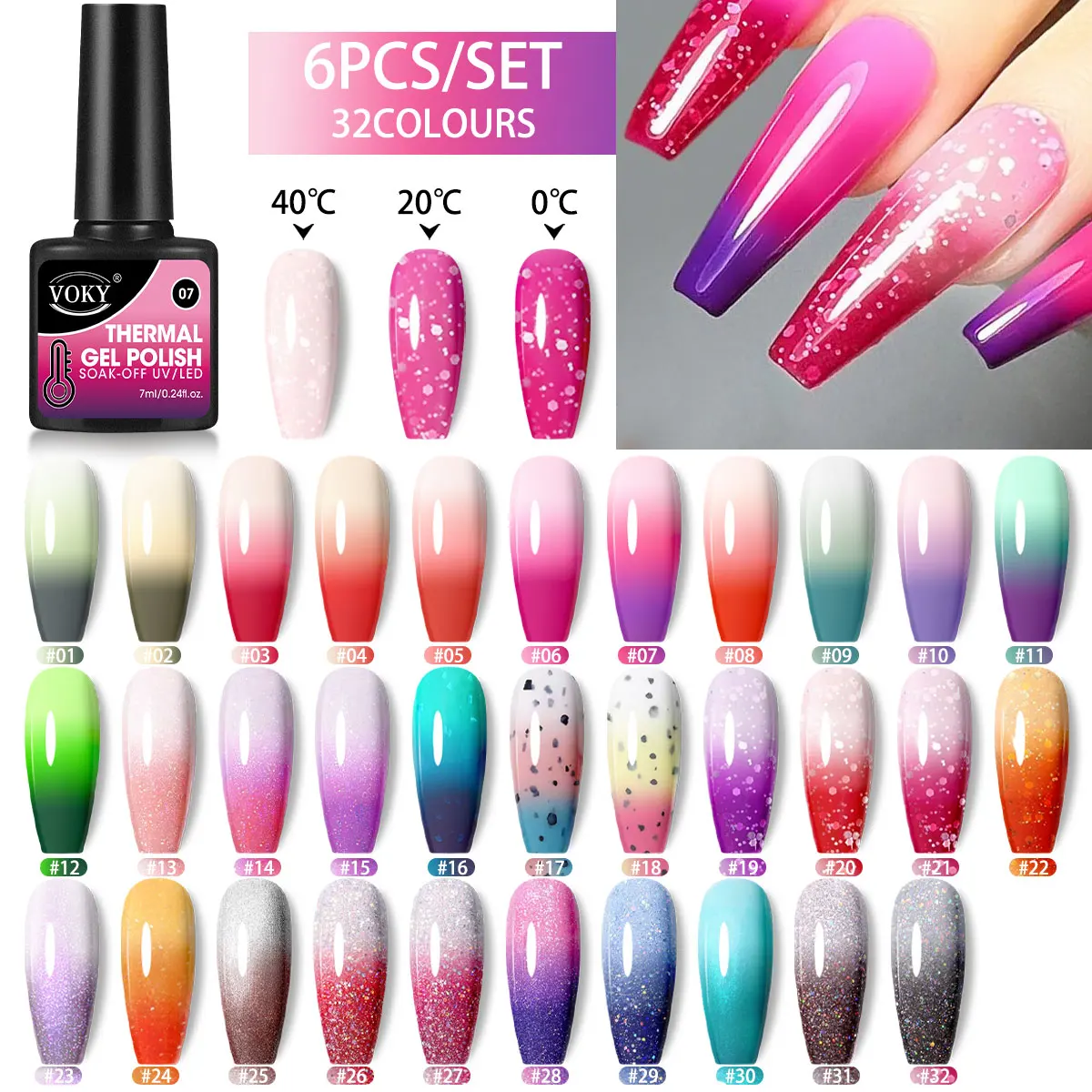 

6PCS/SET Color-changing gel nail polish Temperature Pink Green purple Mood Change Long-lasting Soak Nail art DIY Ladies home