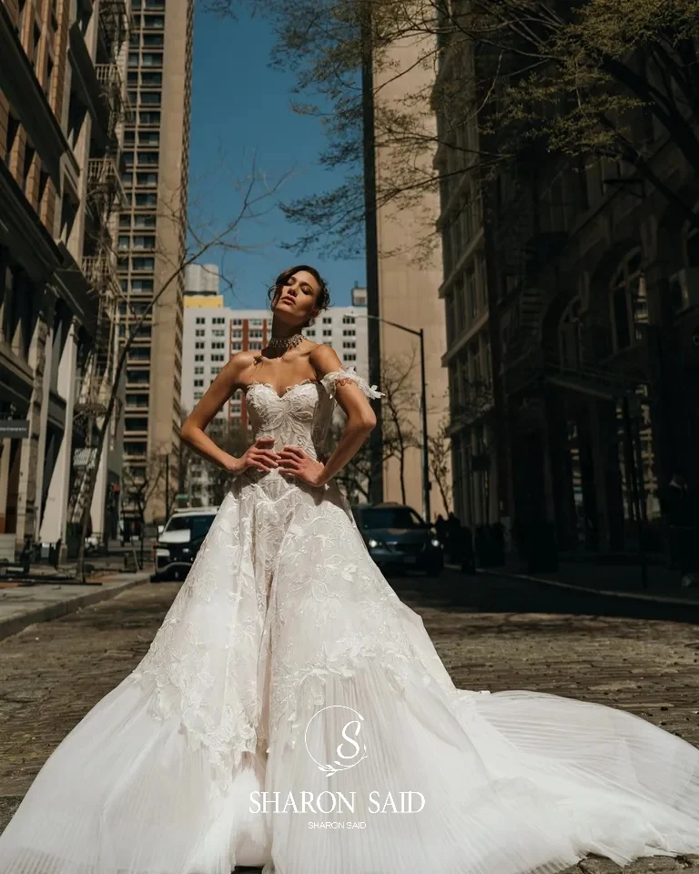 Sharon Said 2025 Romantische Off White Sweetheart Tule Trouwjurk Elegant Een Schouder Hof Trein Bruidsjurken SW336 Aangepaste