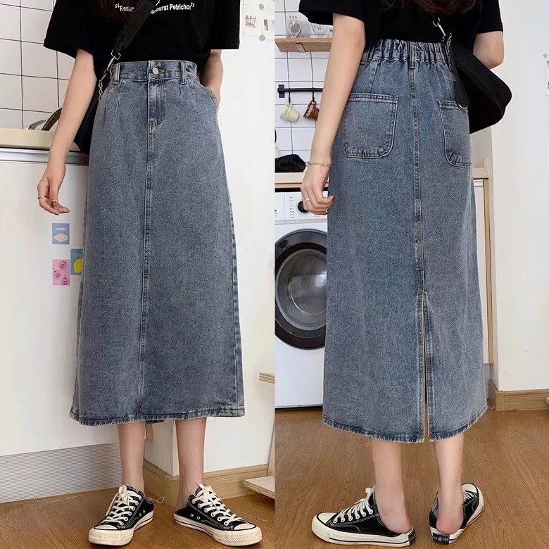 여성 밴딩 데님 롱 스커트 H라인 뒷트임 청 치마 봄 중청 데님 스커트 