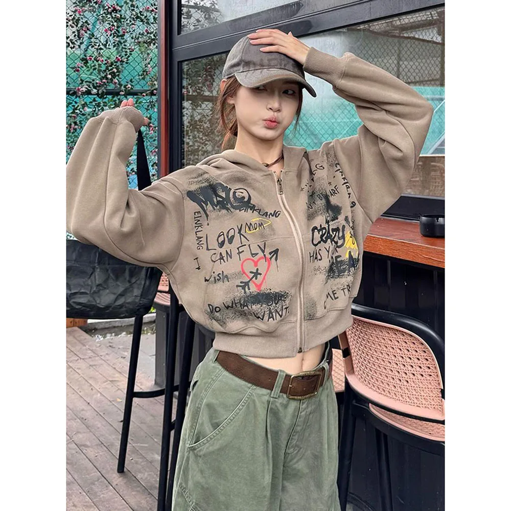 

Y2K винтажная толстовка с капюшоном, женская весенняя новая куртка на молнии с буквенным принтом, 2025 г., уличная одежда в американском стиле ретро, укороченные топы, женское пальто