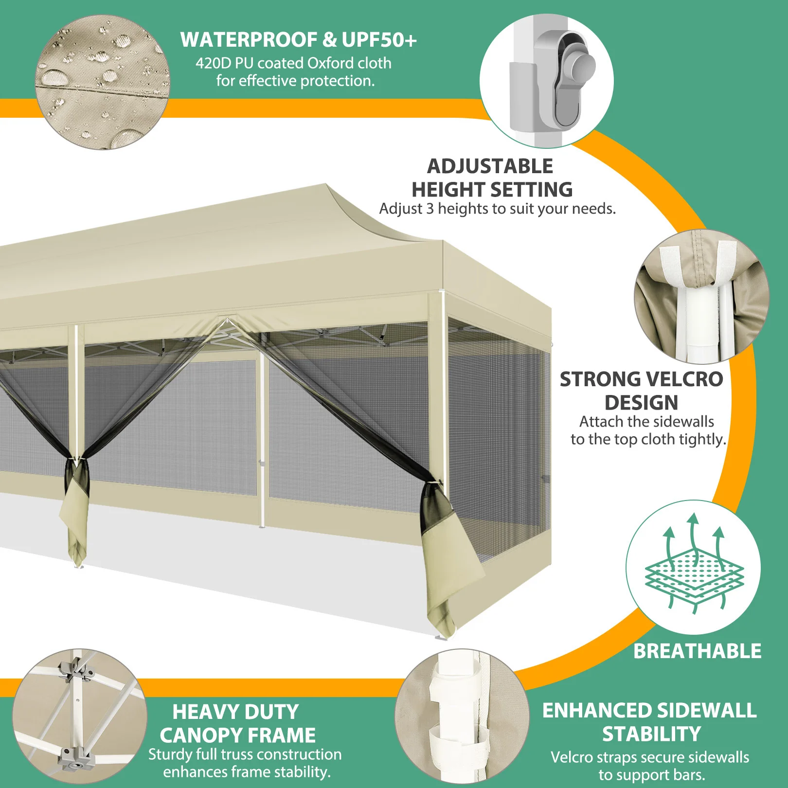 خيمة بمظلة 10 × 30 قدم مع 8 جدران جانبية، خيمة حفلات بمظلة منبثقة شديدة التحمل مع شبكة ناموسية، مظلة شاشة سهلة الحجم للحفلات #3