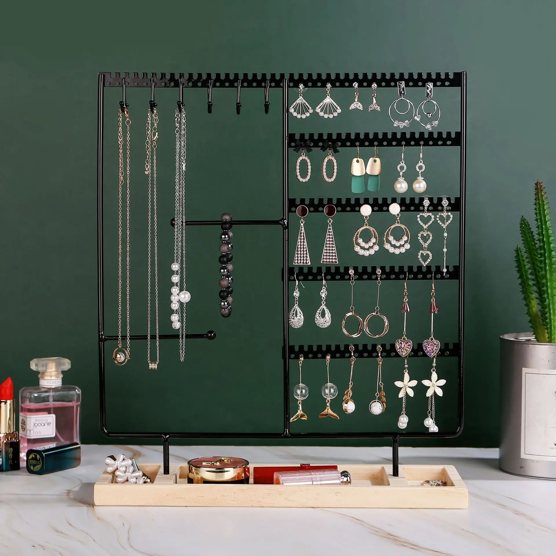 Multifunctioneel oorbel displayrek ketting ring opbergrek afneembare houten bodem dames armband horloge sieradenrek - afbeelding 2