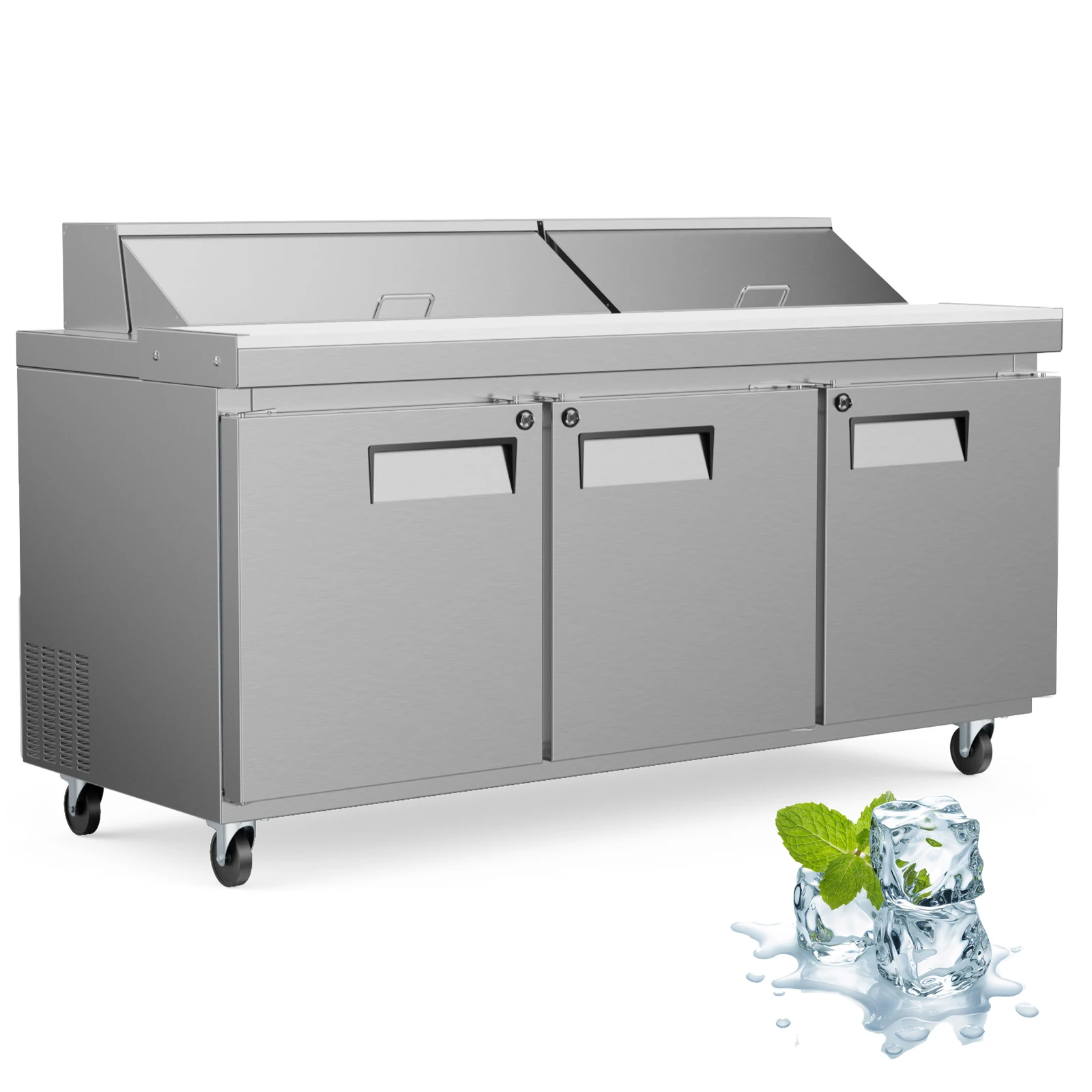 72" B 3-türiger 20 Cu.Ft kommerzieller Sandwich-Salat-Pizza-Zubereitungstisch-Kühlschrank, Kühlschrank für die Lebensmittelzubereitung aus Edelstahl, 18 Pfannen