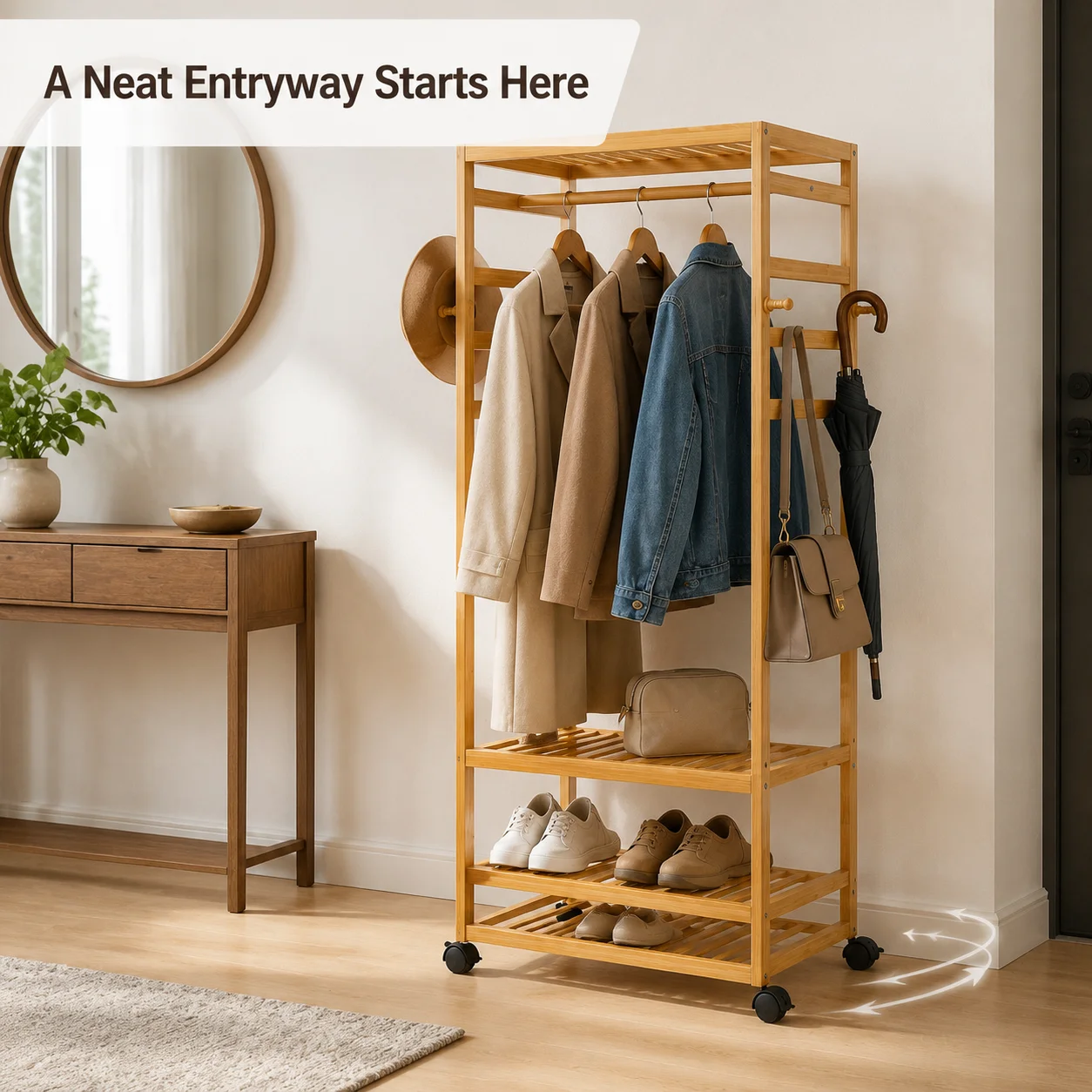 Rolling Bamboo Clothes Rack with Shelves and Hooks, Freestanding Garment Rack Organizer for Bedroom, Laundry Room and Entryway