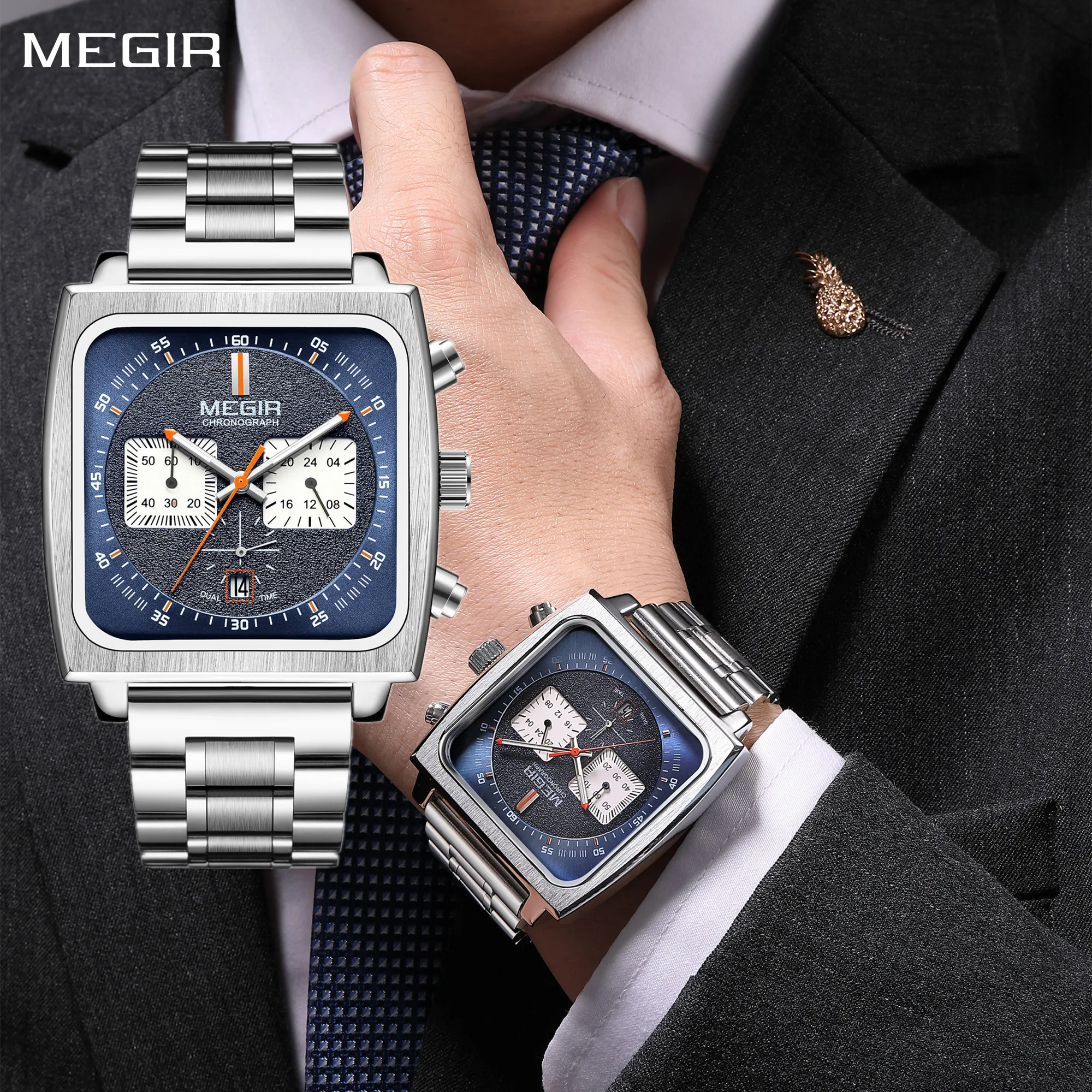 MEGIR Reloj Hombre Original Luxury Business Watches for Men Stainless Steel Band Quartz Wristwatch Chronograph Clock 2018