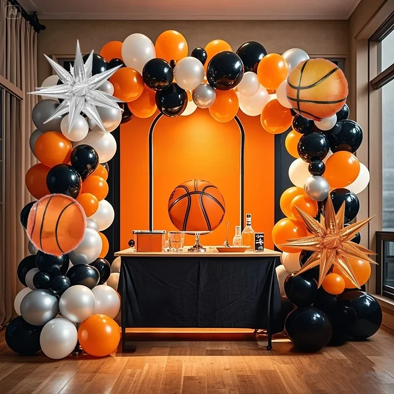 Arc de ballons pour fête de basket-ball, 132 pièces, ballons en Latex orange, noirs et argentés adaptés à la décoration de fête d'anniversaire et de basket-ball
